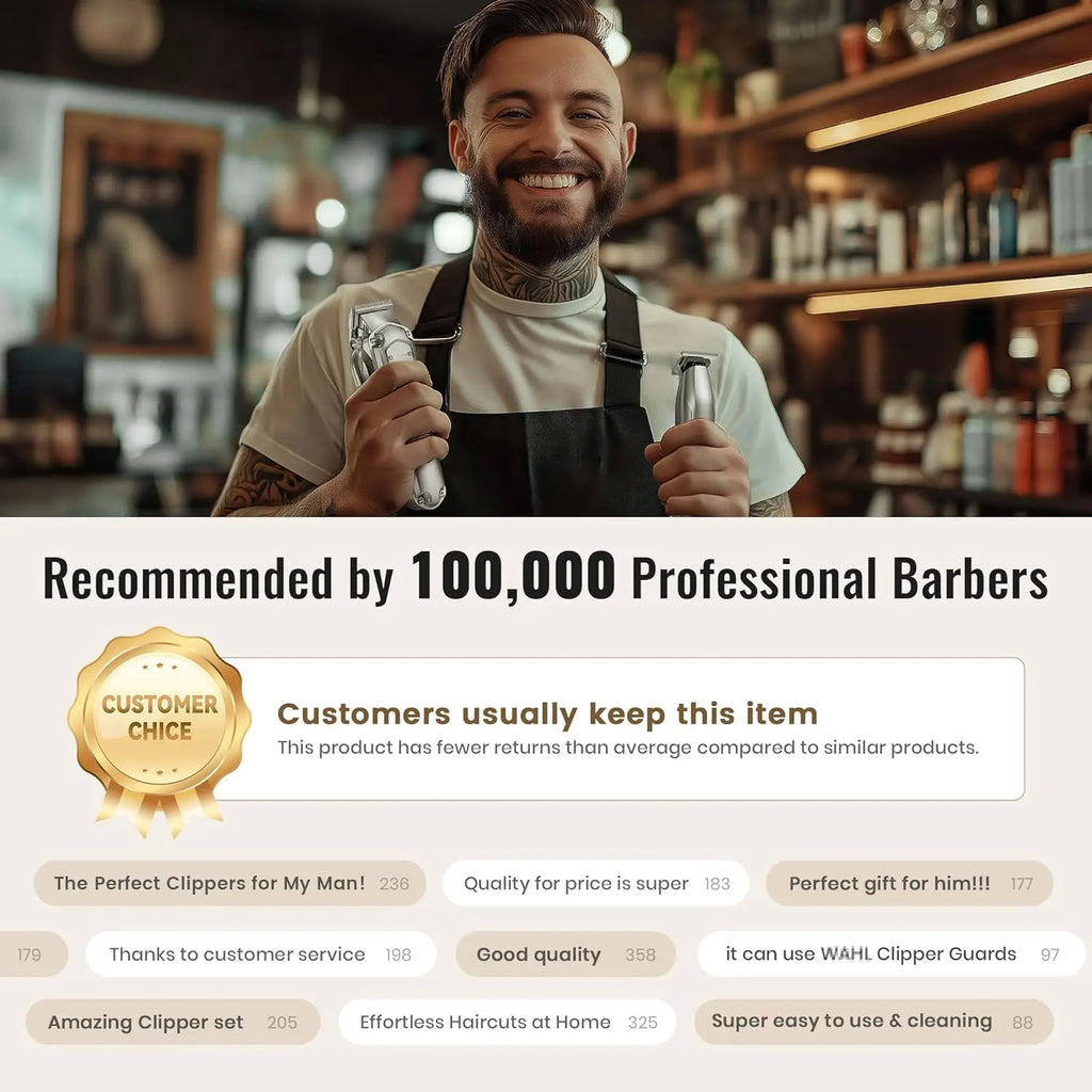 Jack & Rose Hair Clipper, Professional Hair Trimmer, Wireless & Rechargeable, IPX7 Waterproof Precision Trimmer, Beard Trimmer, Hairdresser, Razor, Care Set for Men