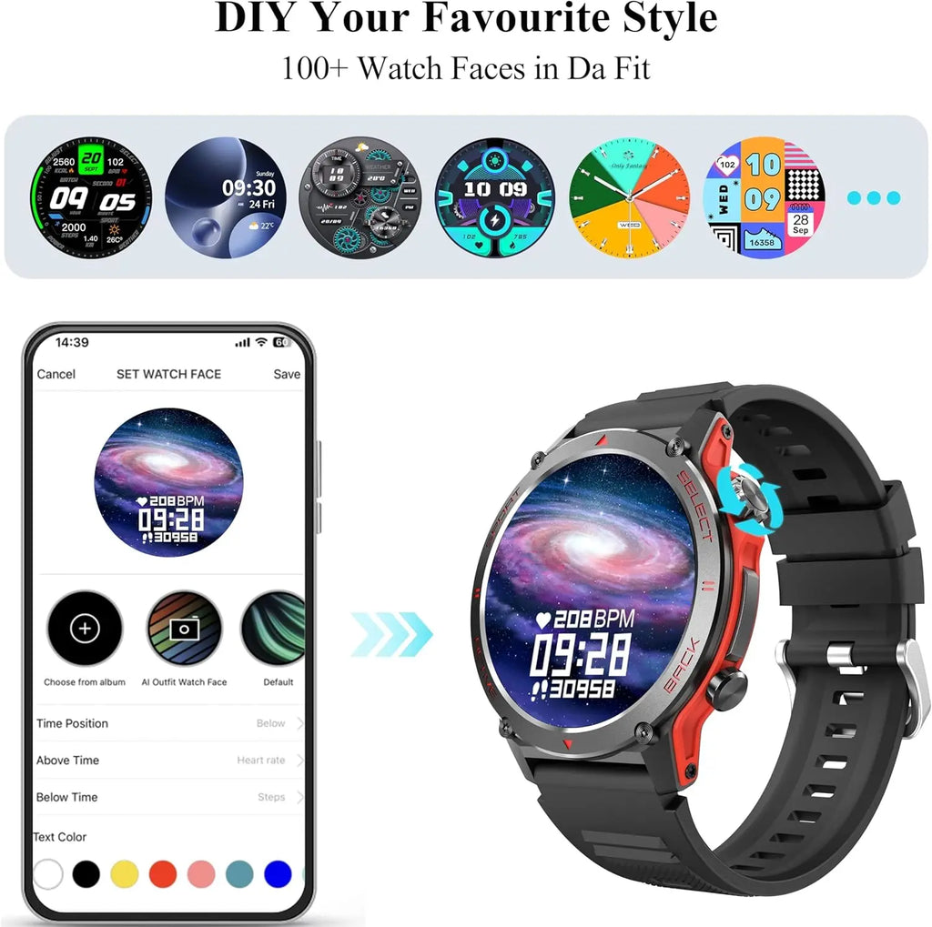 Customizable cosmic galaxy watch face displayed on Karsel smartwatch and phone app