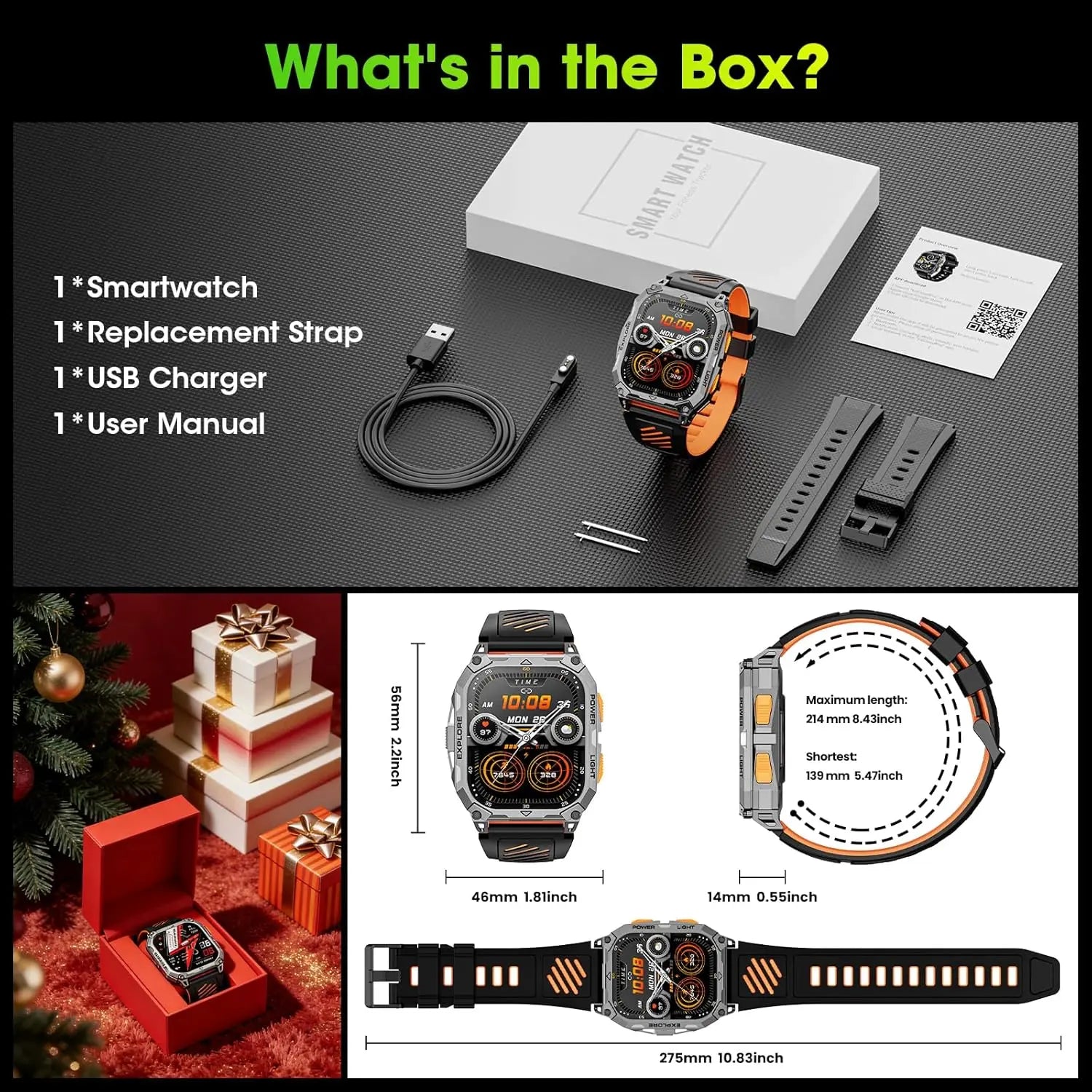 Military Smart Watch for Men, 2.01" HD Fitness Tracker with 100-Day Battery, Bluetooth Call,IP68 Waterproof, Heart Rate/Sleep/SpO2/Stress Monitor, 120+ Sports Modes for Android and iPhone