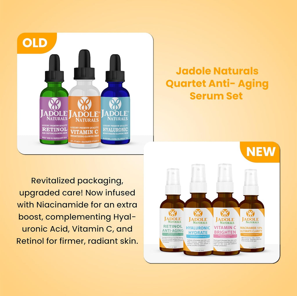 Jadole Naturals Quartet Anti- Aging Serum Set (Each 30ml) | Vitamin C, Retinol, Niacinamide & Hyaluronic Acid | Boosts Brightness, Fights Aging, Hydrates, Enhances Skin Clarity & Moisturizes Skin
