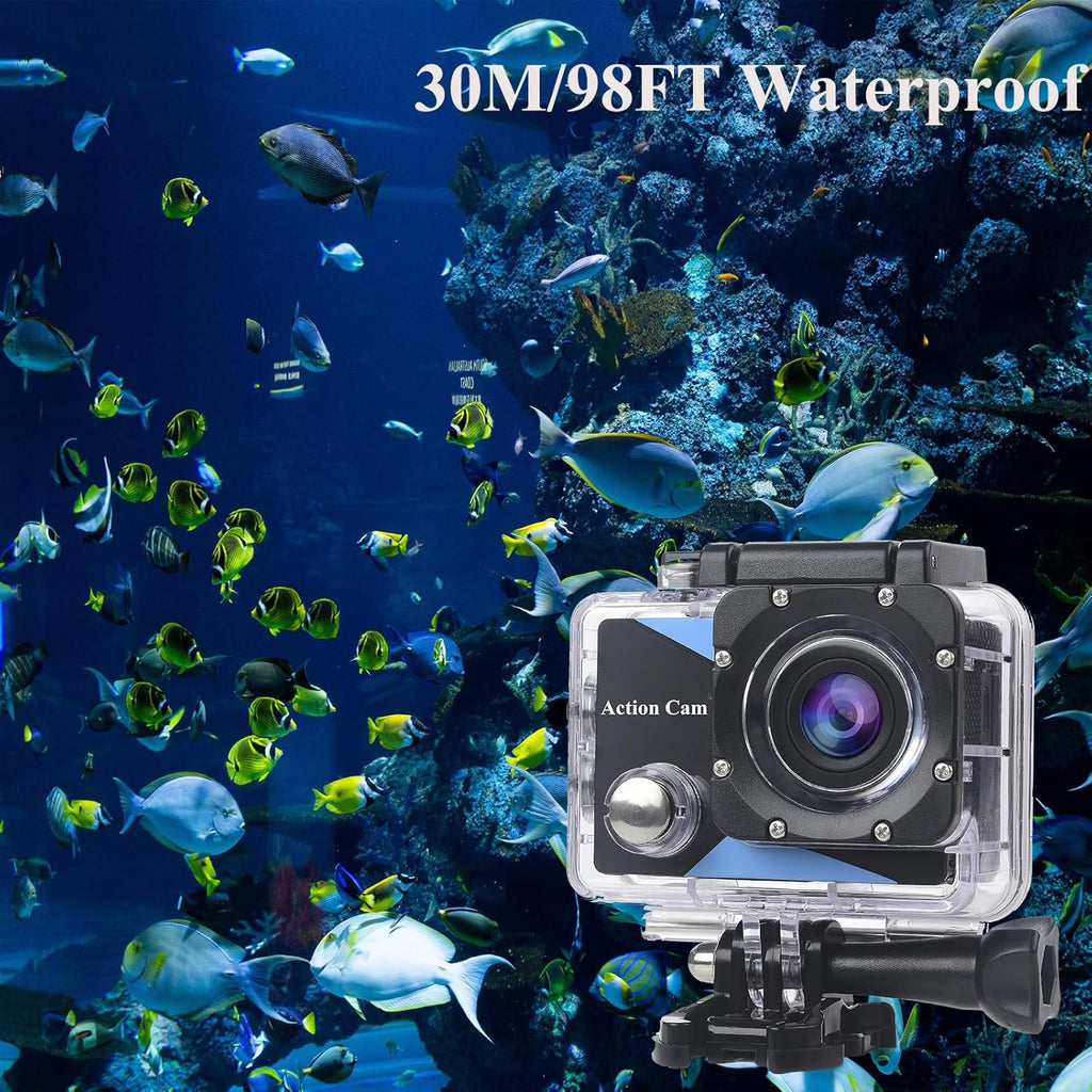 Nvgfelis WiFi Action Cam FHD, Underwater Camera Waterproof up to 30 m, Action Camera with 2 x 1050 mAh Rechargeable Batteries and Accessory Set