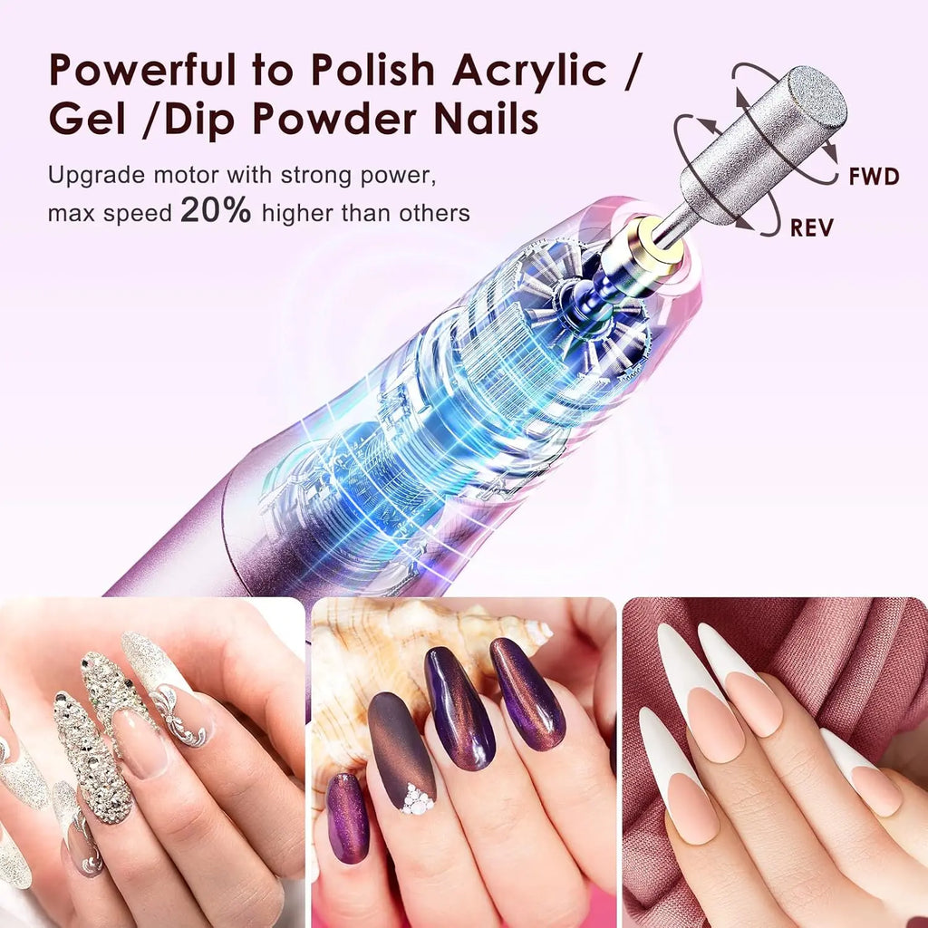 Powerful reversible nail drill for acrylic gel and dip powder