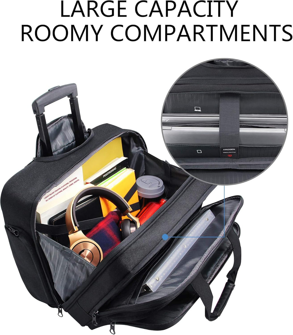 KROSER Rolling Laptop Bag Premium Wheeled Briefcase Fits Up to 17.3 Inch Laptop Water-Proof Overnight Roller Case Computer Bag with RFID Pockets for Travel/Business/School/Men/Women-Black