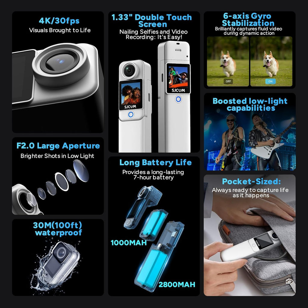 SJCAM C300 Action Camera 4K30fps, 1.33 Inch Dual Touchscreen Sports Camera, 2.4G/5G Dual WiFi 20MP Helmet Camera, 6-axis EIS Underwater Camera 30 m Waterproof with 2800 + 1000 mAh Dual Battery