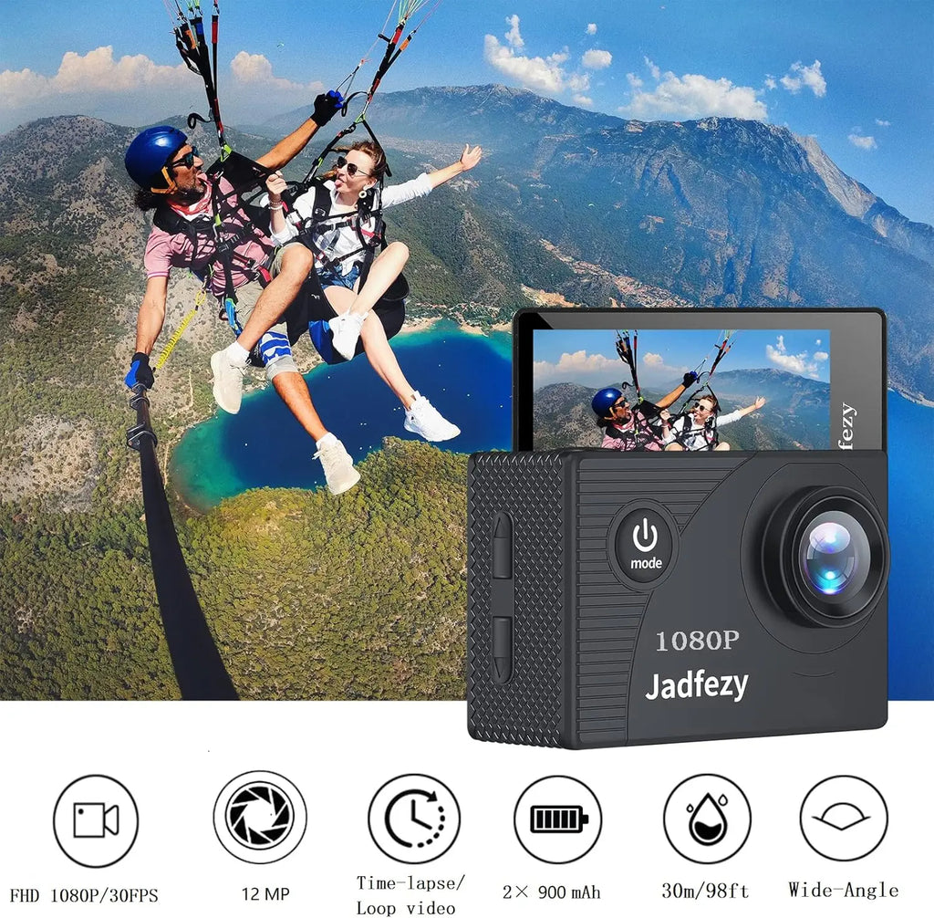 Jadfezy 1080P action camera displaying paragliding footage with wide-angle lens feature