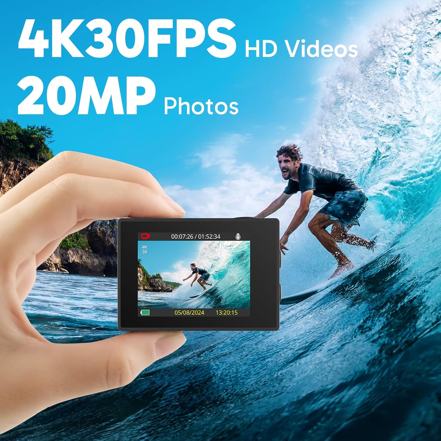 AKASO EK7000 4K30FPS 20MP WiFi Action Camera with EIS Ultra HD Underwater Camera 131FT Waterproof Camera Remote Control 4X Zoom Support External Microphone Black