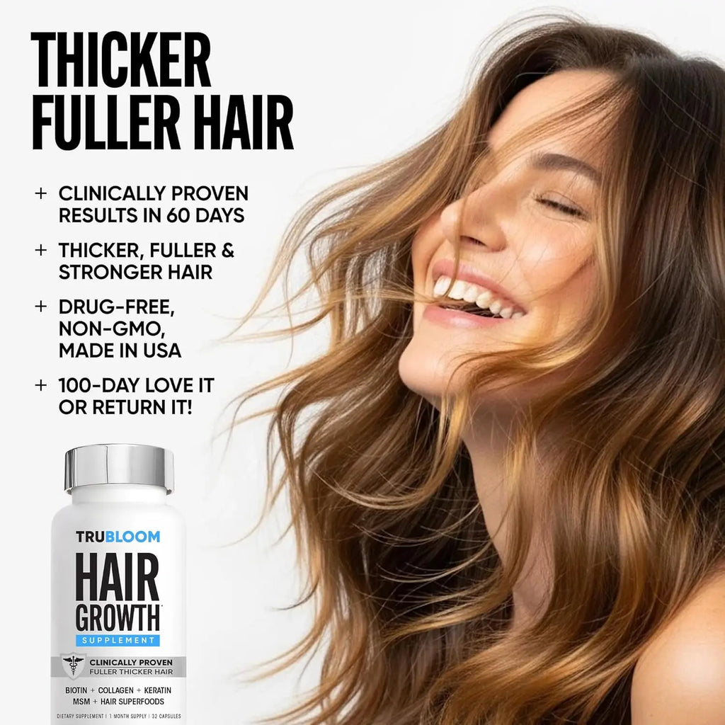 Woman with thicker fuller hair next to TRU BLOOM biotin collagen keratin supplement
