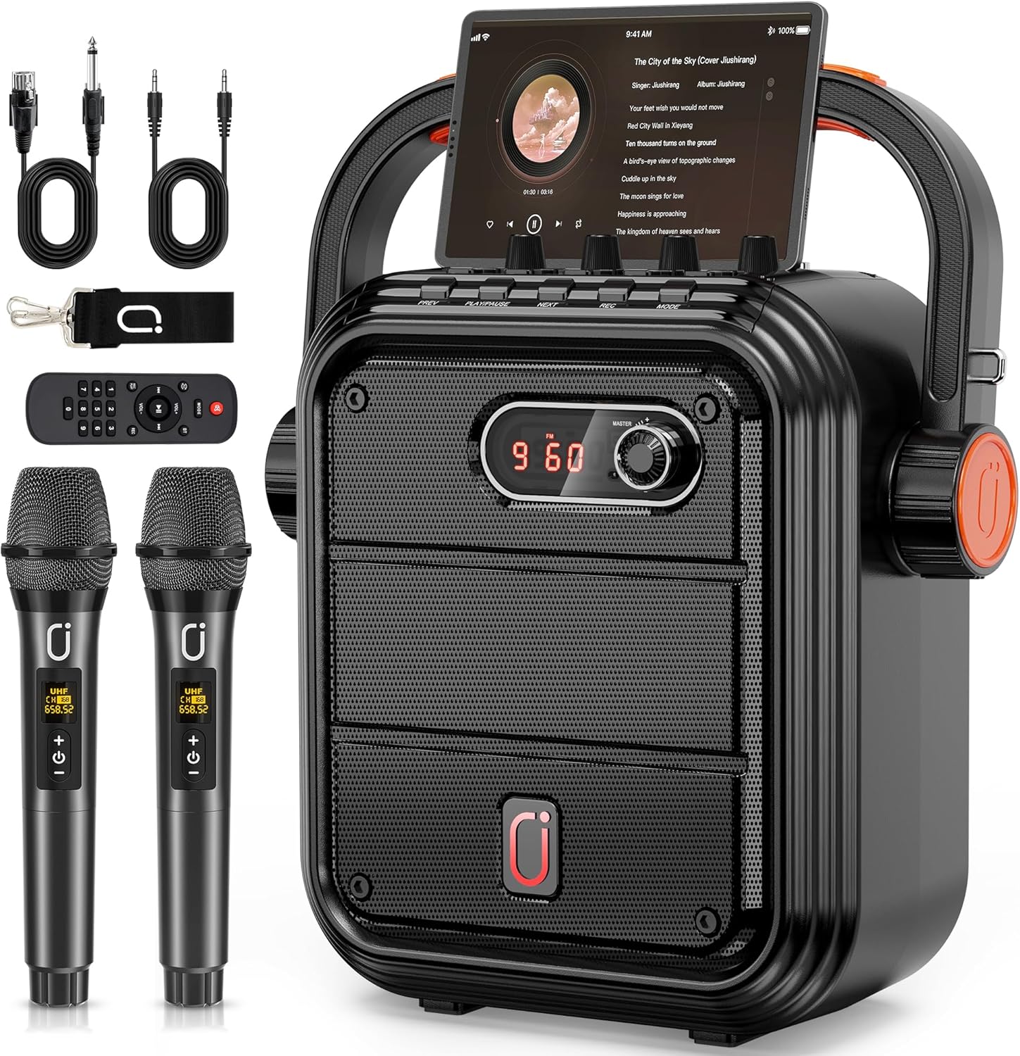 JYX Karaoke Machine Portable Microphone Speaker Set Bluetooth 5.0 Rechargeable PA System with FM Radio, Audio Recording, Remote Control, Supports TF Card/USB