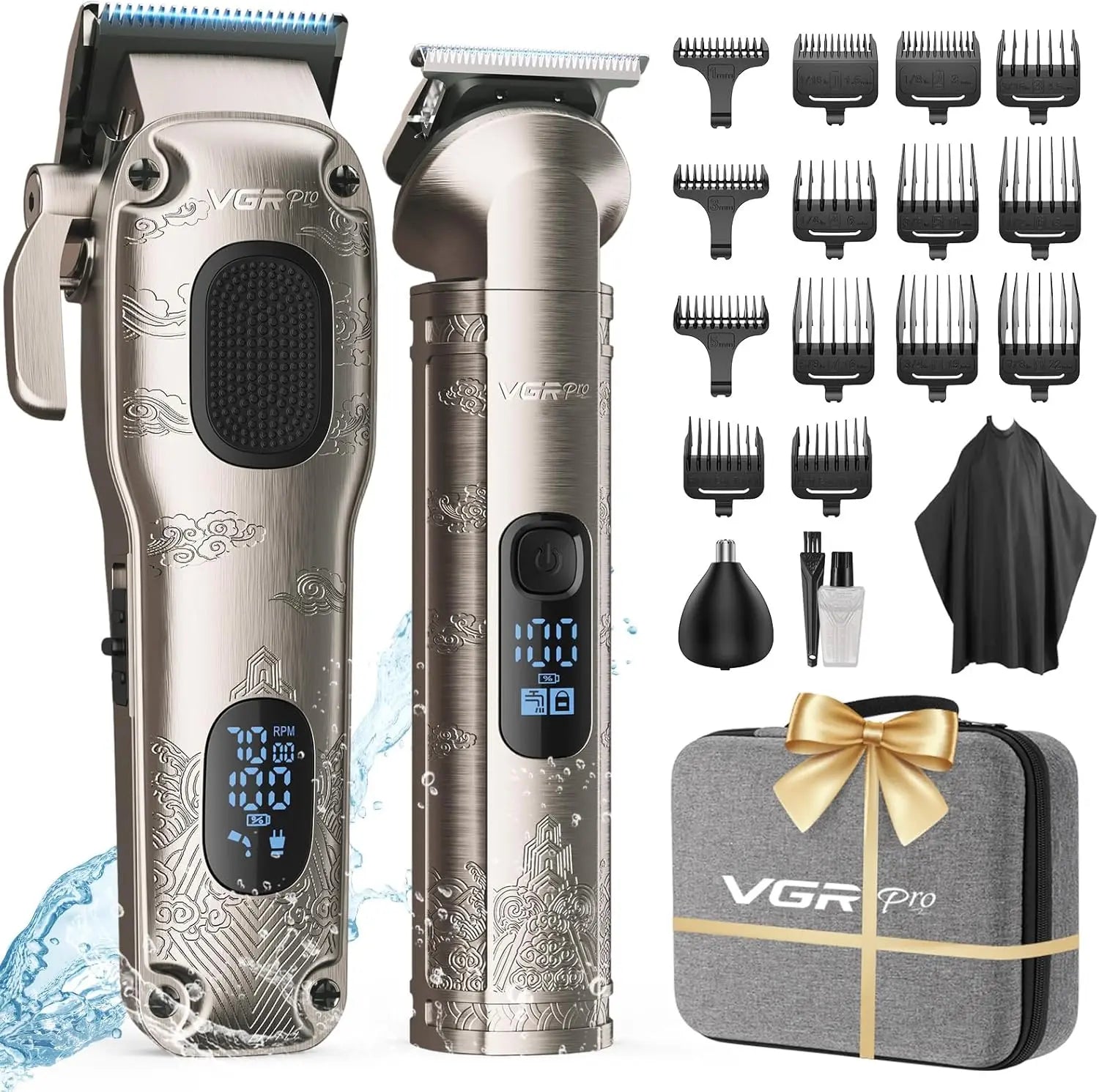 VGRPRO waterproof beard trimmer kit with LCD screen and guide combs