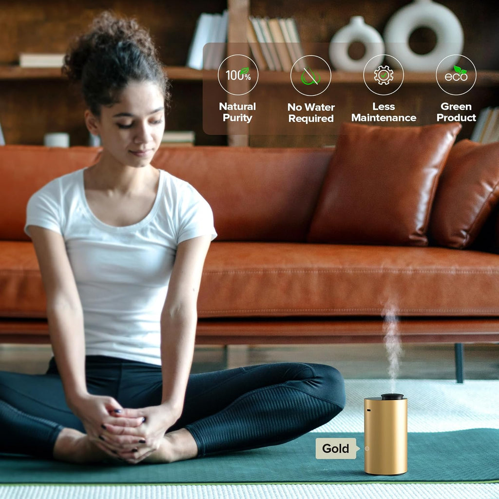 Airversa Waterless Essential Oil Diffuser for Home Aromatherapy Scent Diffusers with 3 Timer Settings or Timer-Off, 3 Mist Levels for Car Room Studio Office, ANX Premium Metal Gold