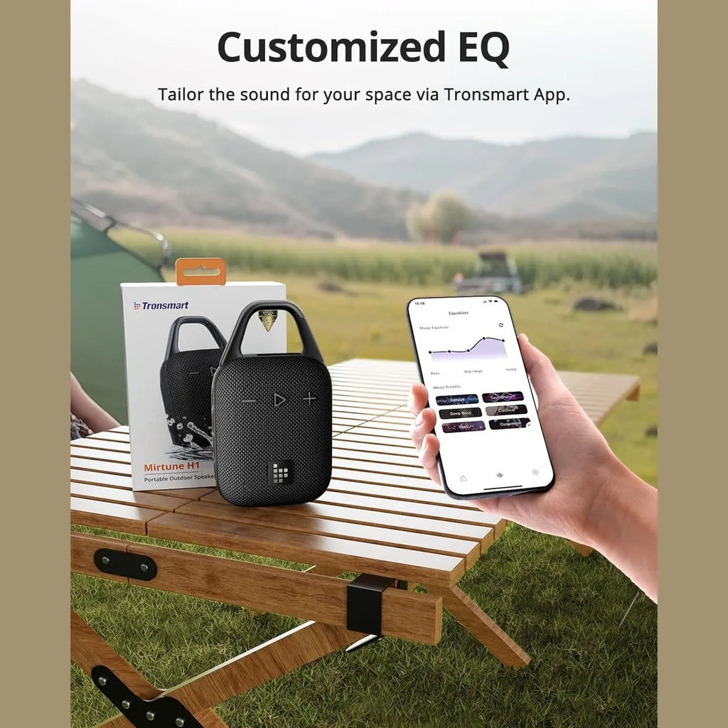 Tronsmart Mirtune H1 Portable Outdoor Speaker, 18H Playtime, Loud Sound and Punchy Bass, Integrated Carabiner, IPX7 Waterproof, Customize EQ, Bluetooth 5.3 Speaker for Travel, Hiking, Camping(Black)