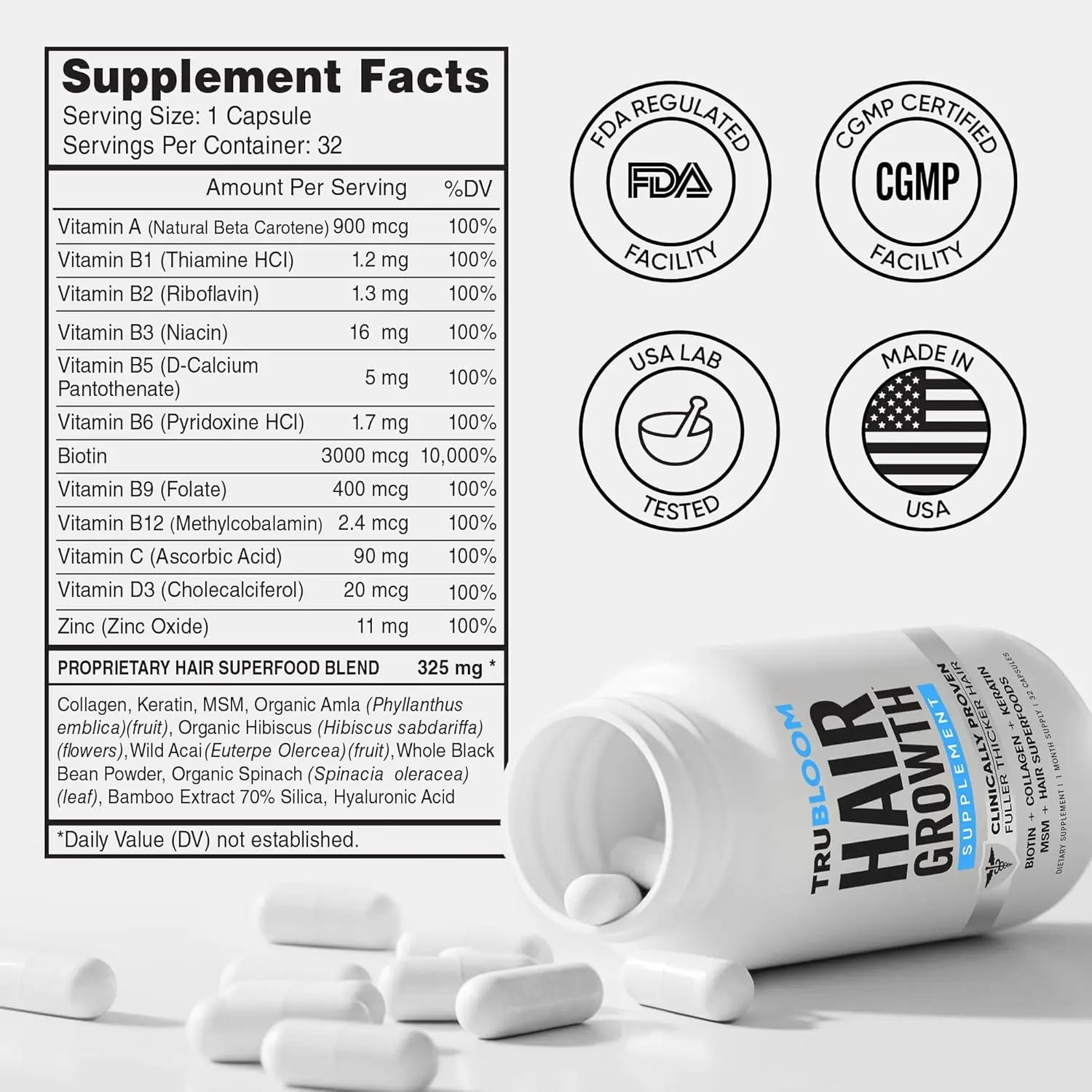TRU BLOOM hair growth supplement bottle with ingredients list and FDA certified seals