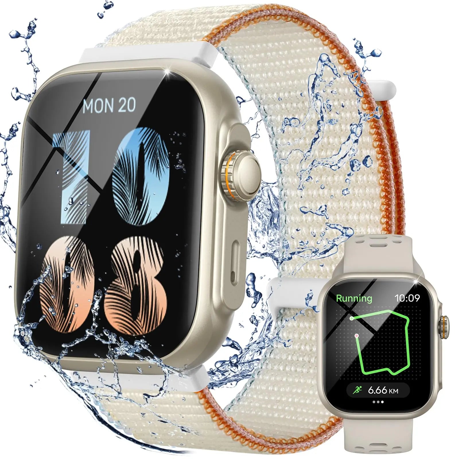 Parsonver gold case white woven strap smartwatch submerged in water for swimming