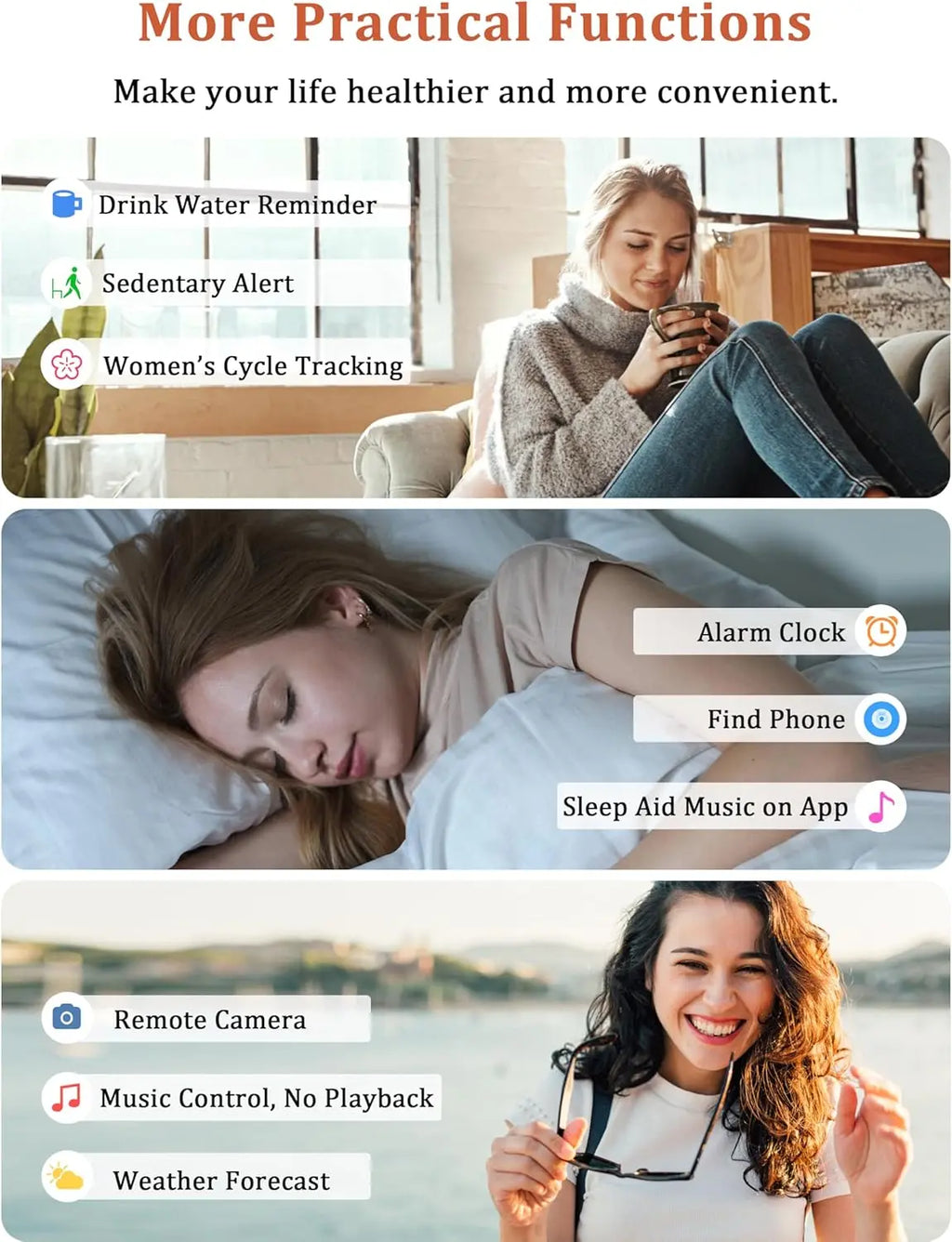 Smartwatch features including water reminder, cycle tracking, and sleep aid
