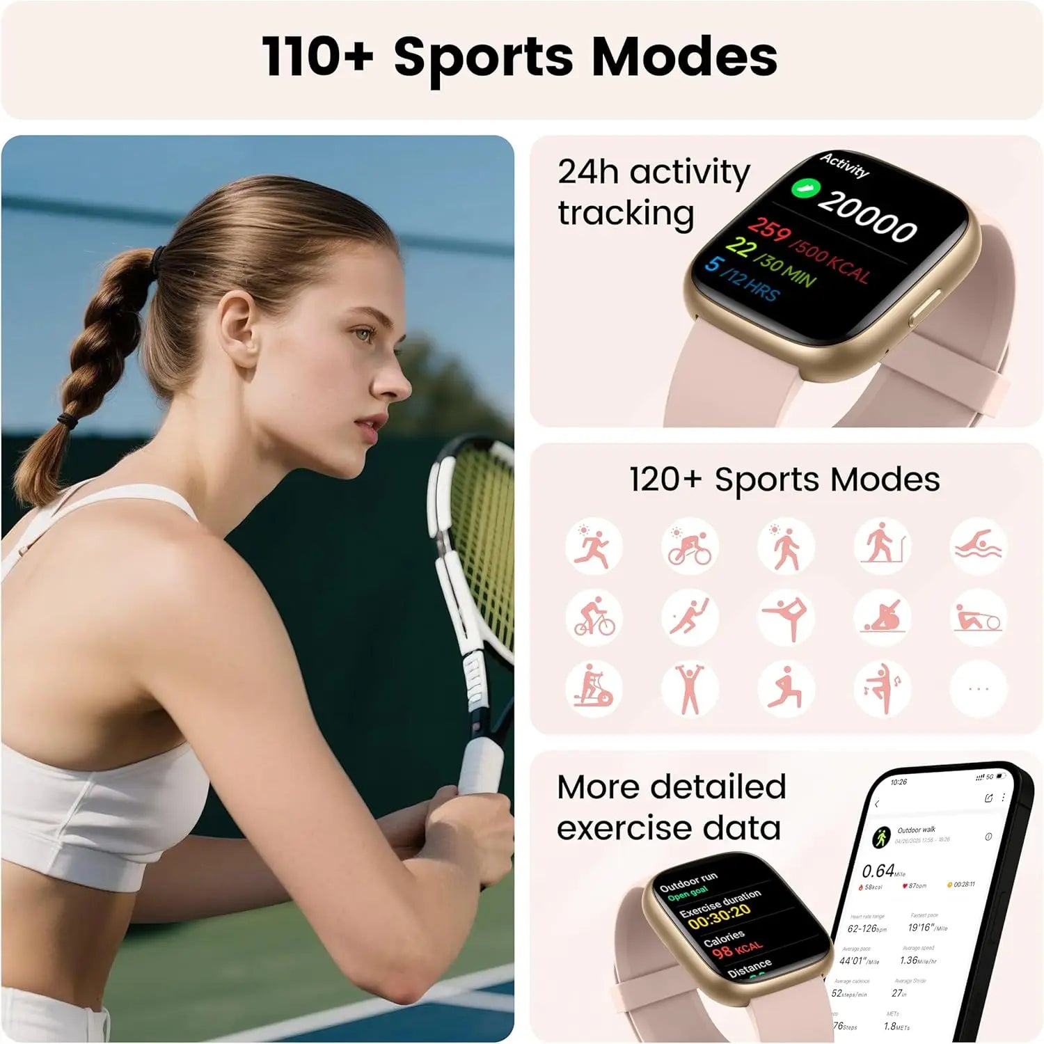 Smart Watch with Alexa Built-in, 1.83" HD Touchscreen Fitness Tracker with Bluetooth Calling, Fitness Watch with Heart Rate/Sleep Monitor/120+ Sports, IP68 Waterproof Smartwatch for Android iOS, Pink