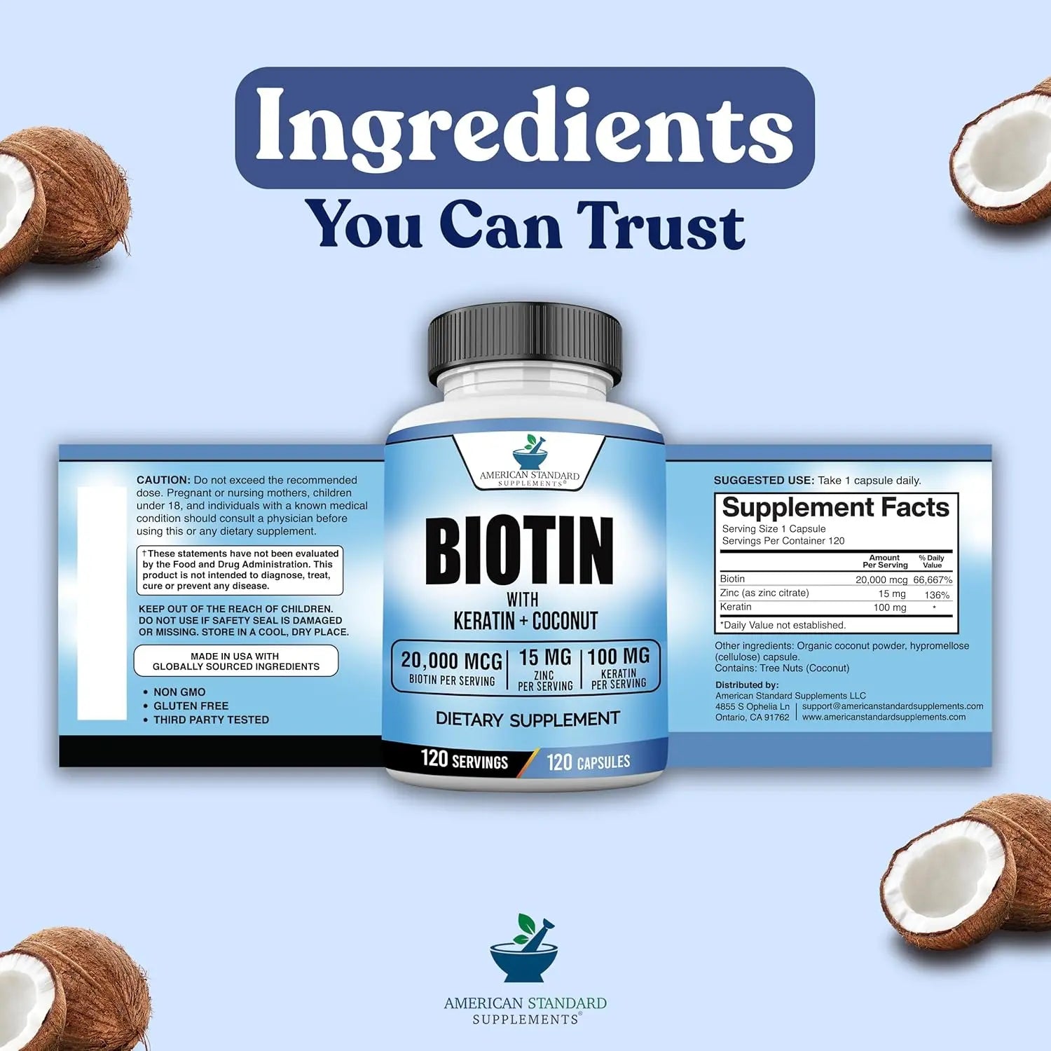 American Standard Supplements Biotin 20,000mcg with Keratin, Coconut Powder and Zinc, Biotin Supplement for Women and Men,120 Veggie Capsules, 120 Day Supply