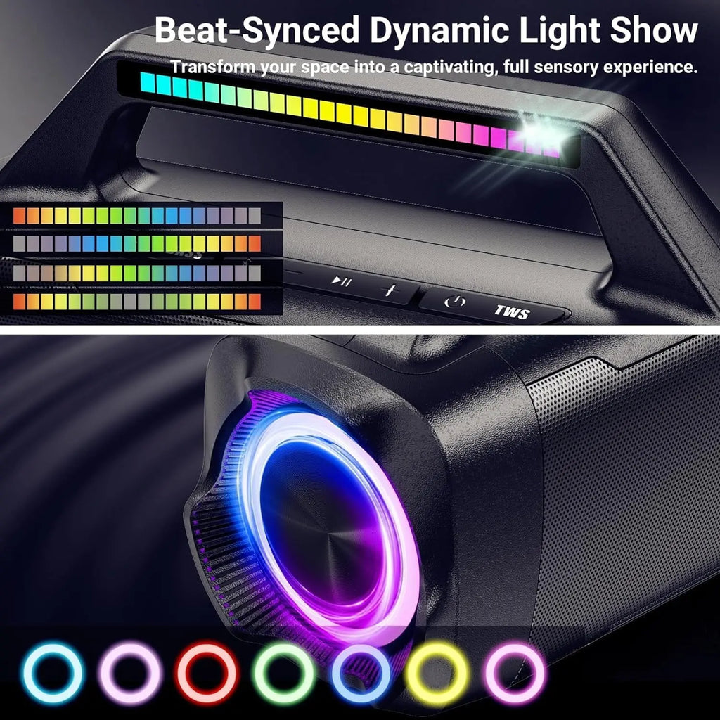 Close-up of AKONE speaker top handle RGB LED bar and control buttons