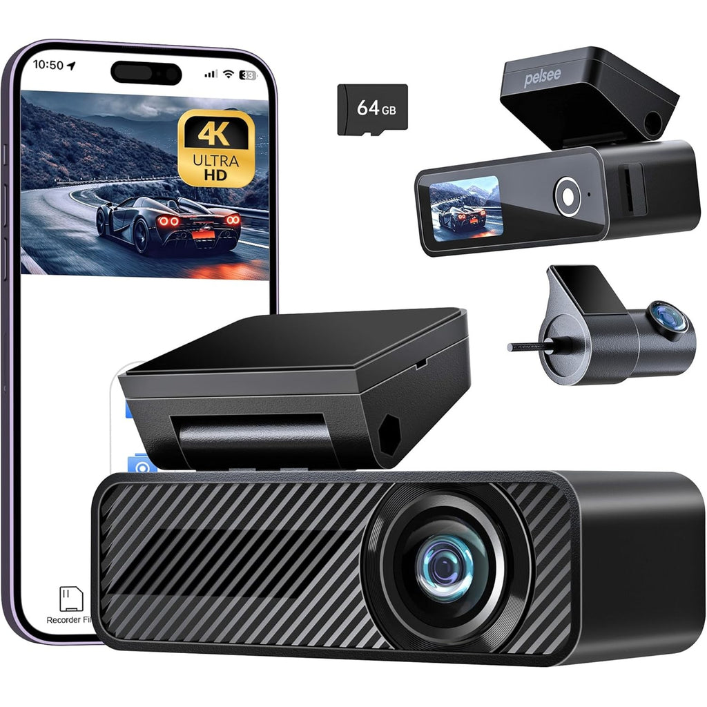 pelsee 4K Dash Cam Front and Rear, 64GB SD Card, 4K+1080P Dual Dash Camera for Cars, Wi-Fi & App Control, 1.5’’IPS Display Car Camera, Voice Control, Night Vision, 24H Parking Mode, G-Sensor