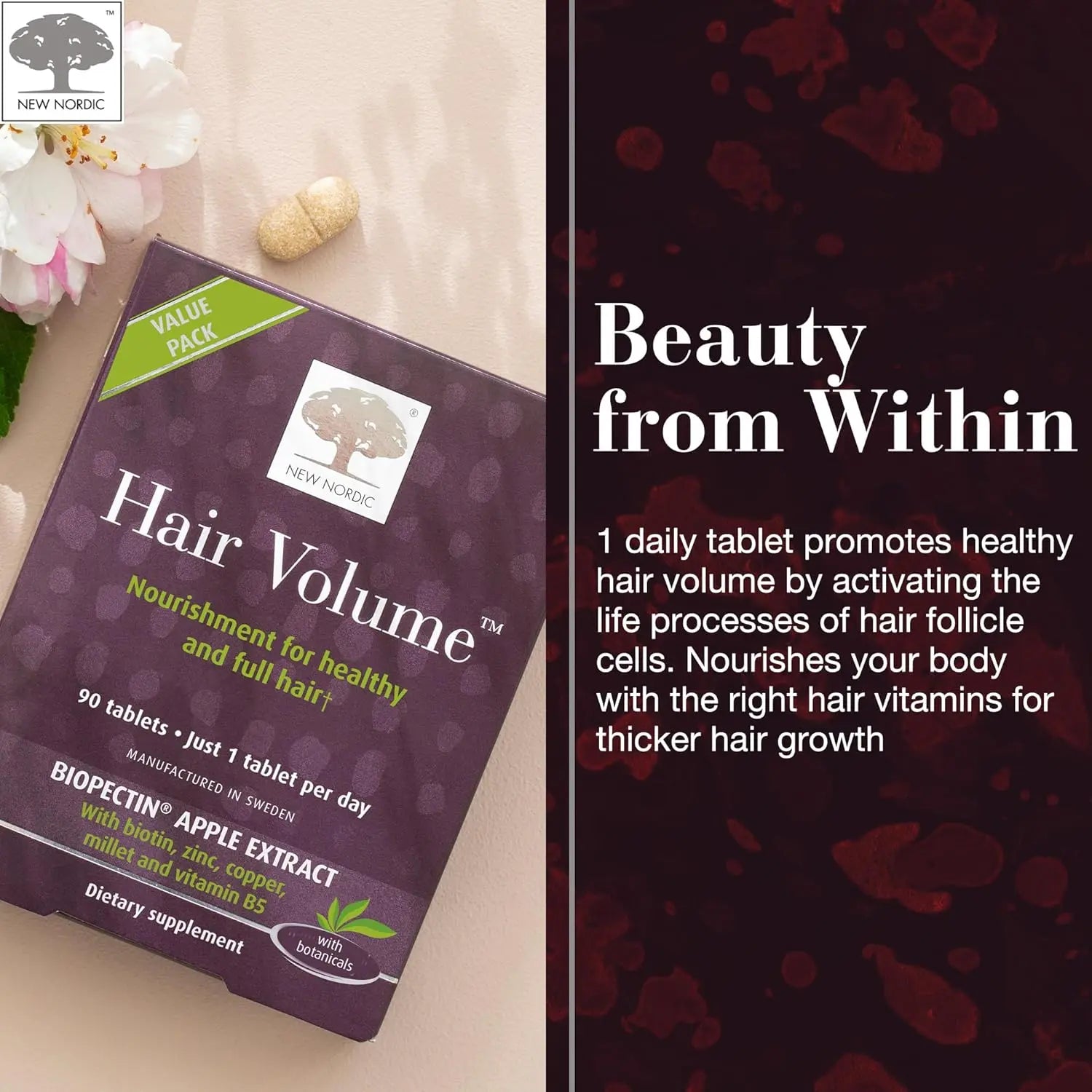 NEW NORDIC Hair Volume Tablets, 3000 mcg Biotin & Biopectin Apple Extract, Hair Vitamins to Support Natural Hair Growth, 90 Count (Pack of 1)