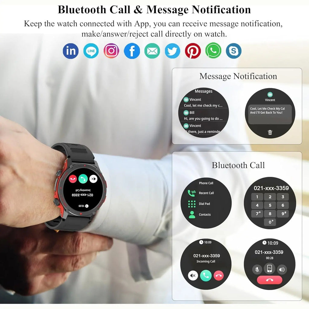 Smartwatch showing Bluetooth call interface and message notifications on wrist