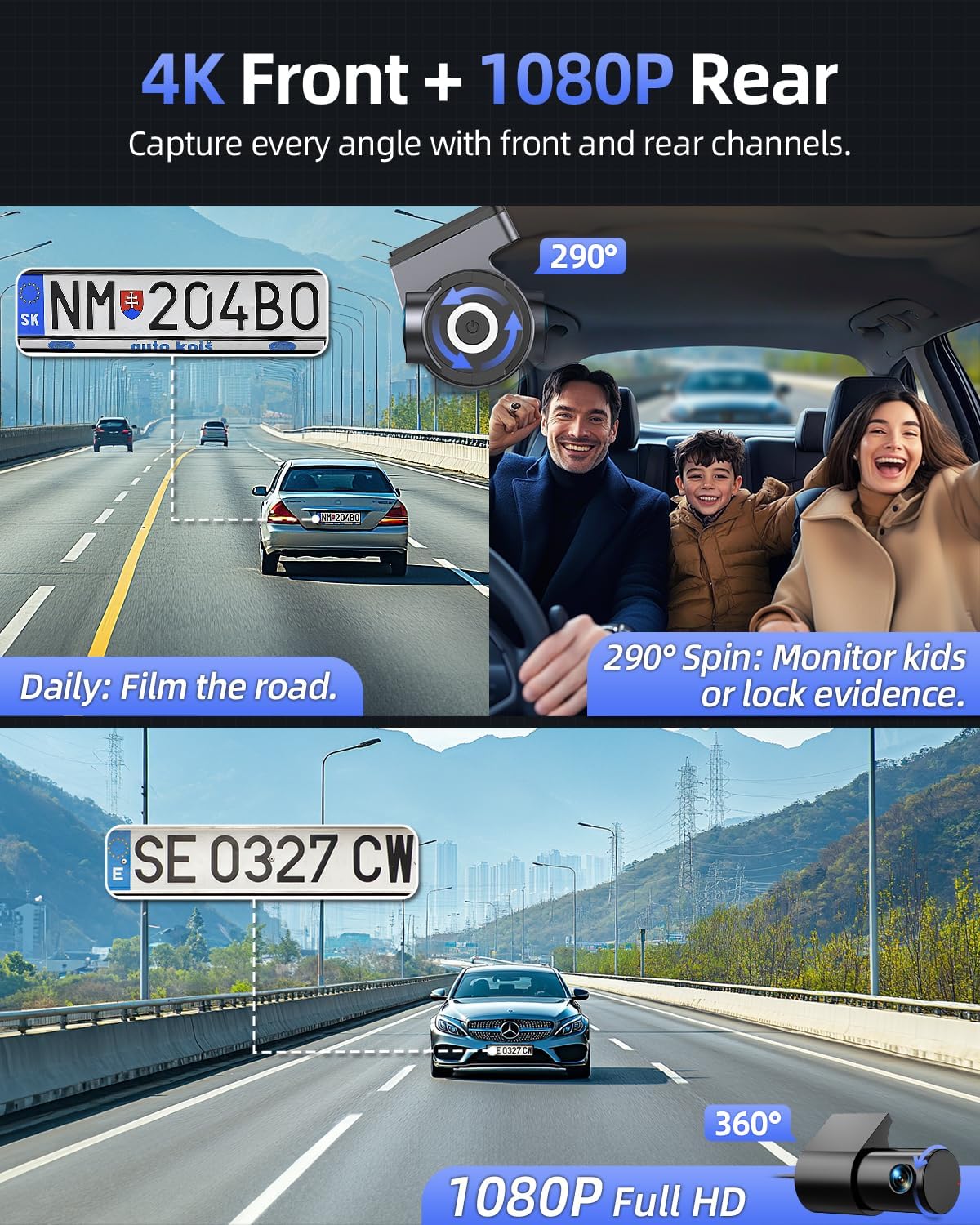 CIEVIE 4K + 1080P Car Front Rear Dash Cam with 64GB SD Card, 5GHz WiFi Dash Cam with 3.8 cm IPS Display, 170° Wide Angle, G-Sensor, WDR Night Vision, Loop Recording, App Control, Supports 256 GB Max