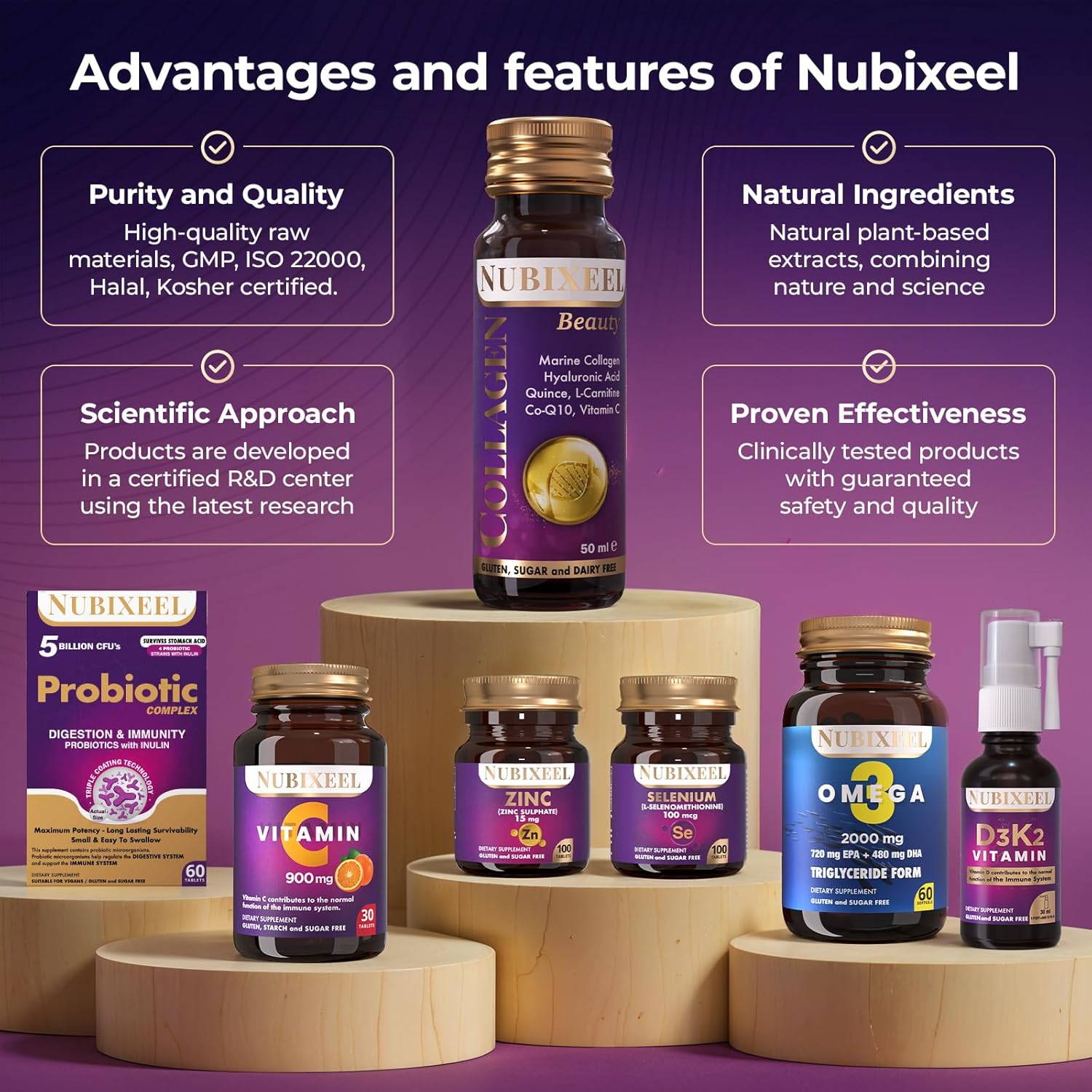 Nubixeel Premium Marine Collagen (10 Shots) – Hydrolyzed Liquid Collagen with Vitamin C + Biotin + E + B5 + B6 | Hair & Skin Support | for Women & Men | Sugar-Free | Gluten-Free