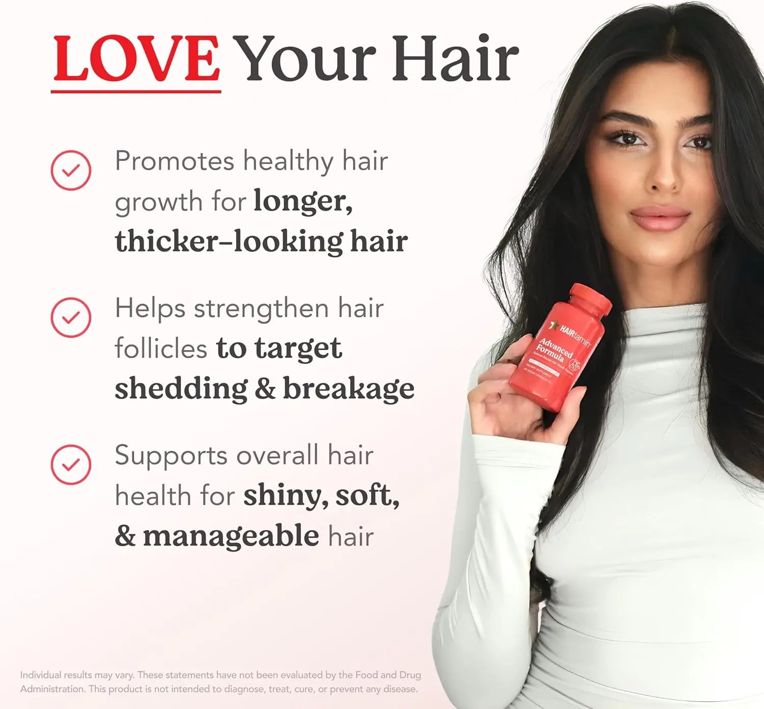 Woman holding HAIRtamin bottle with text promoting stronger longer thicker looking hair