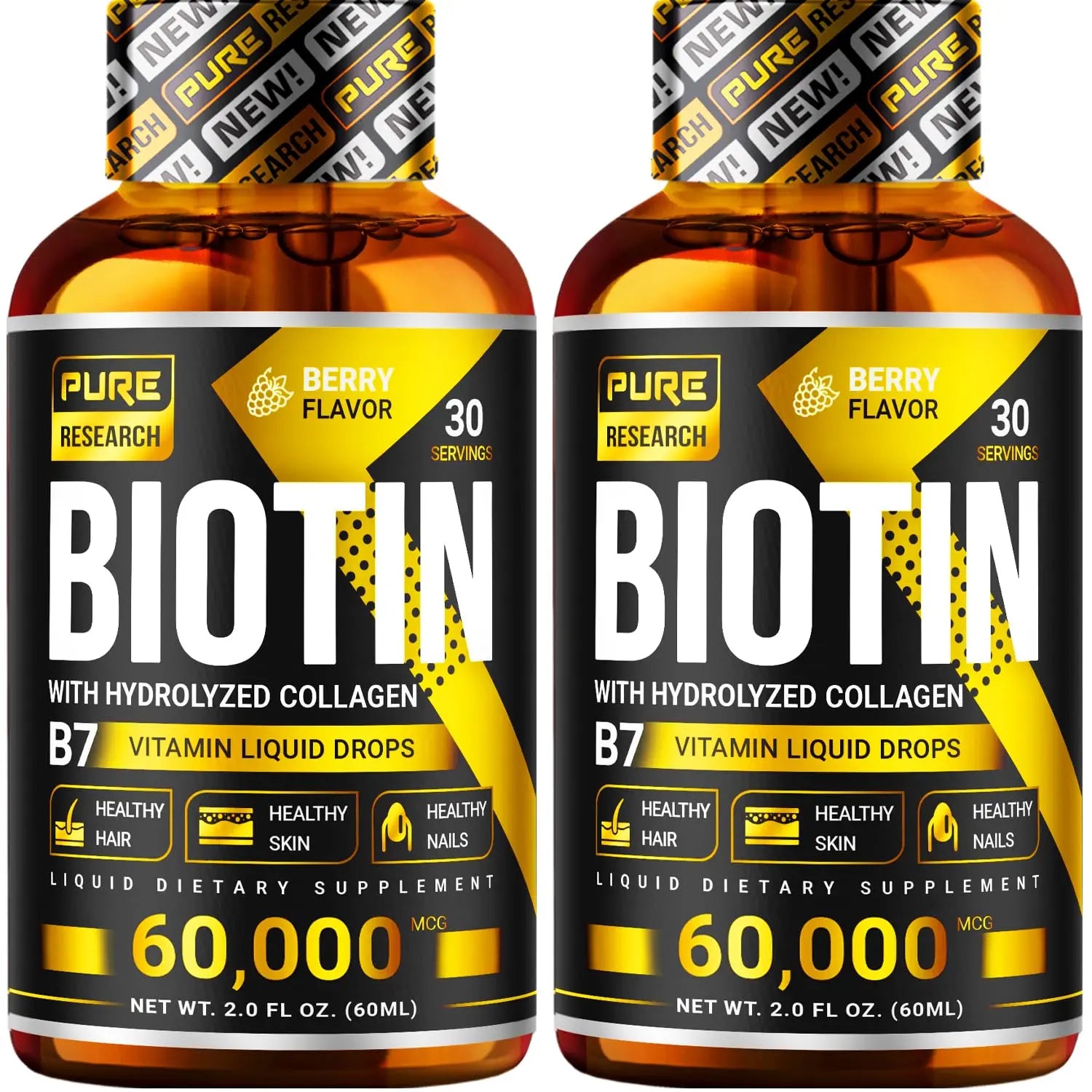 Two bottles of pure research biotin collagen liquid drops side by side