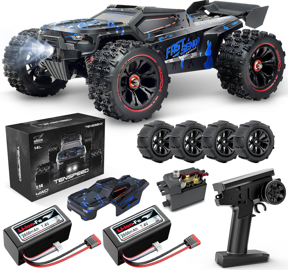 1:14 Scale RC Cars for Adults, 60KPH High Speed RC Truggy, 4X4 Off-Road Remote Control Truck, Waterproof Electric Car with 2S Battery, All Terrain RC Vehicle for Snow, Sand, Beach & Rocky Surfaces
