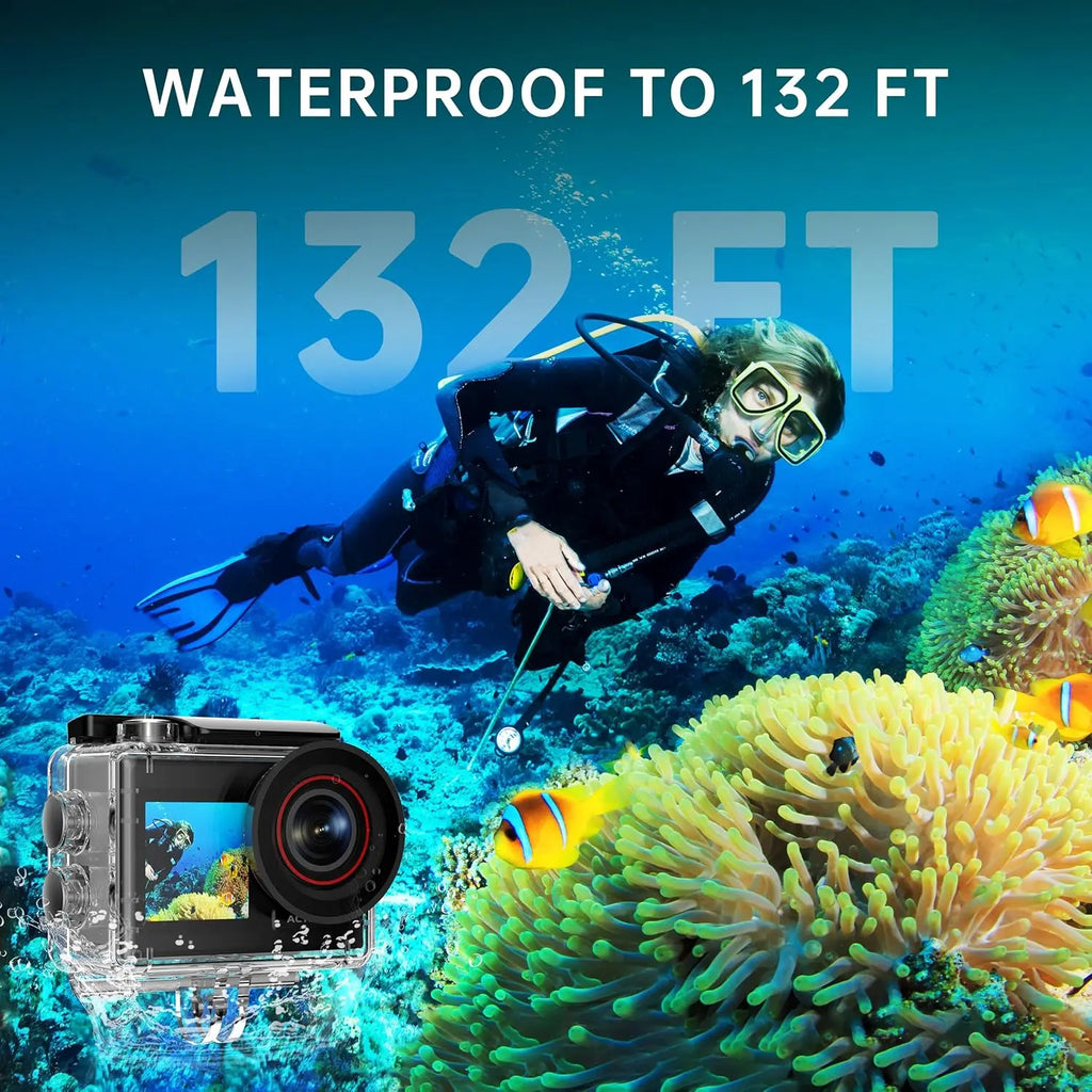 syndesmos Action Cam 4K 60FPS 30MP, 40M Underwater Camera, HD Underwater Camera Snorkelling 2 LCD Screens, Waterproof Ice Touchscreen Action Cam with 64GB Card, 2.4G Remote Control, Accessory Kit