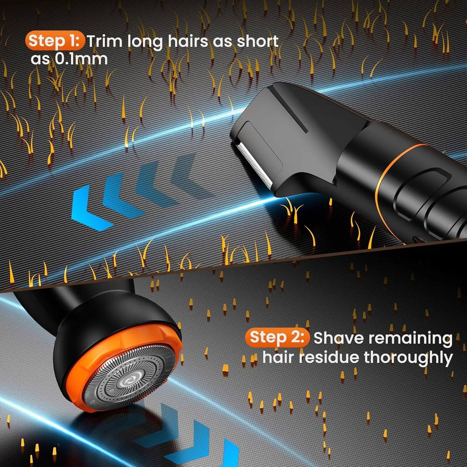 Two-step precision trimmer head system for short hair and residue removal