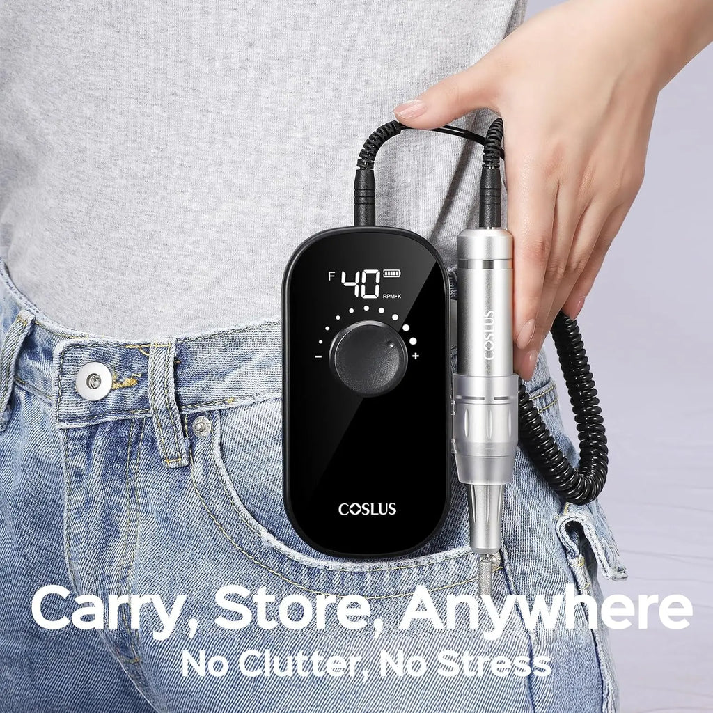 COSLUS Professional Electric Nail Drill：35000RPM, Portable Rechargeable Electric File with Bits & Base for Acrylic Nails Manicure Gel Polishing(Black)