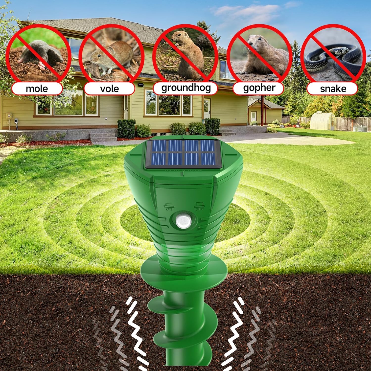 Solar Powered Mole Repellent, 4 Pack Ultrasonic Vole Repeller Outdoor, IP65 Waterproof Snake Deterrent, Gopher Remover Devices, Skunk, Groundhog Repellent for Yard, Garden, Lawn