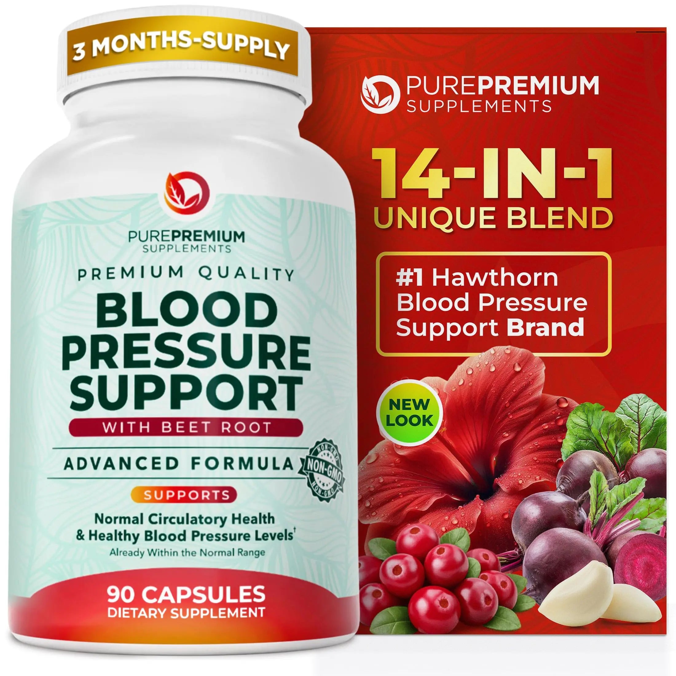PurePremium Blood Pressure Supplements with Hawthorn Berry, Hibiscus, Garlic & Vitamin B12- Nitric Oxide Supplement for Normal Heart Health, Circulation Health & Blood Pressure Support - 90ct