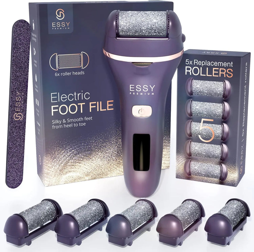 Essy Electric Foot File Pedicure Feet Hard Skin Remover Foot Scraper Dry Dead Skin Remover Callus Exfoliator Rechargeable Feet Scrubber with 5 Replacement Rollers Foot Care Skin Removers