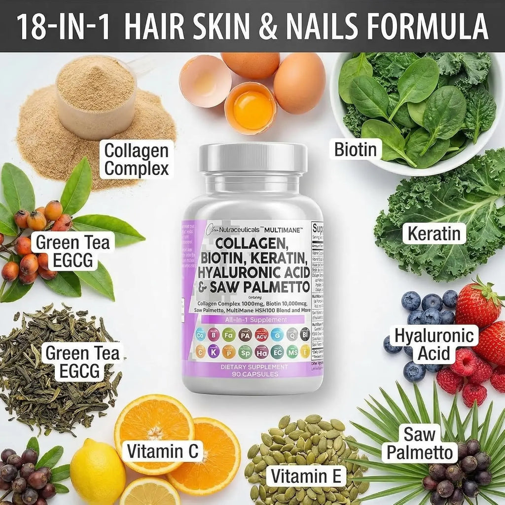 Clean Nutraceuticals 18-in-1 hair skin nails formula flat lay with natural ingredients